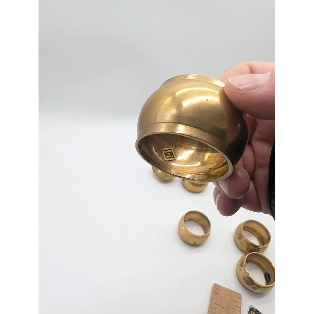 6‎ Set Vtg Solid Brass Napkin Rings India Barrel India Patina Mid Century 1.5x1